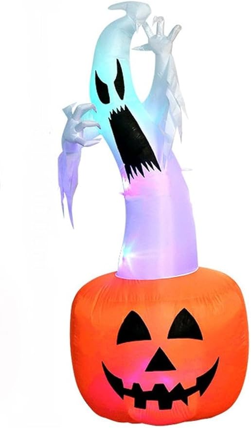 Halloween Deko XXL Geist mit KÜRBIS Indoor+Outdoor, selbst aufblasend, mit Halterungen, LED beleuchtet, wasserdicht, CE und TÜV Zertifiziert
