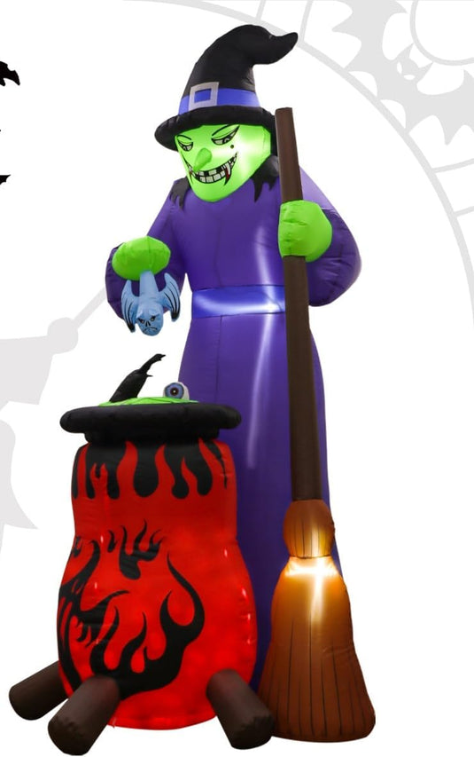 Halloween Deko XXL Hexe mit drehendem Kessel Indoor+Outdoor, selbst aufblasend, mit Halterungen, LED beleuchtet, wasserdicht, CE und TÜV Zertifiziert