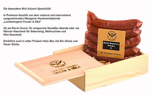 Original JACKY STICKS mit Tennessee Whisky | 180 Gramm 7 Salami-Stangen | eigene Herstellung | Männergeschenk | Pfefferbeißer | Rauchpeitschen