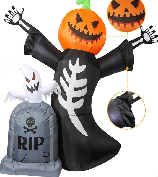 Halloween Deko XXL Geist mit Grabstein Indoor+Outdoor, selbst aufblasbar, mit Halterungen, LED beleuchtet, wasserdicht, CE und TÜV Zertifiziert