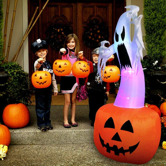 Halloween Deko XXL Geist mit KÜRBIS Indoor+Outdoor, selbst aufblasend, mit Halterungen, LED beleuchtet, wasserdicht, CE und TÜV Zertifiziert