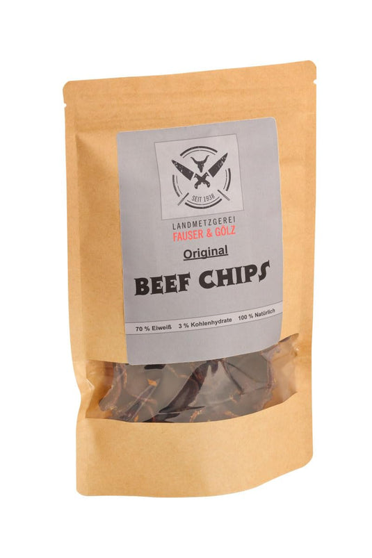 Original BEEF CHIPS Trockenfleisch-Chips | 70% Eiweiß | Sport Snack | eigene Herstellung | ohne Zusätze | Beef Jerkey | Topping für Salat und Suppe