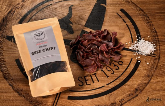 Original BEEF CHIPS Trockenfleisch-Chips | 70% Eiweiß | Sport Snack | eigene Herstellung | ohne Zusätze | Beef Jerkey | Topping für Salat und Suppe