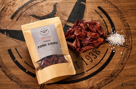 Original PORK CHIPS Trockenfleisch-Chips | 70% Eiweiß | Sport Snack | für Low Carb und Keto Ernährung | ohne Zusätze | Jerkey | Topping für Salat und Suppe