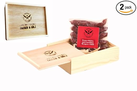 Original FEUER SALAMI STICKS in edler Geschenkbox aus Holz | 120 Gramm | eigene Herstellung | Männergeschenk | Pfefferbeißer | Rauchpeitschen