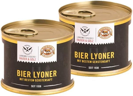 Original BIER LYONER | Dosenwurst | 2x190 Gramm | eigene Herstellung | Männergeschenk | Wurst mit Goldochsen Bier | Lyoner in der Dose