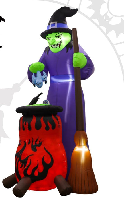 Halloween Deko XXL Hexe mit drehendem Kessel Indoor+Outdoor, selbst aufblasend, mit Halterungen, LED beleuchtet, wasserdicht, CE und TÜV Zertifiziert