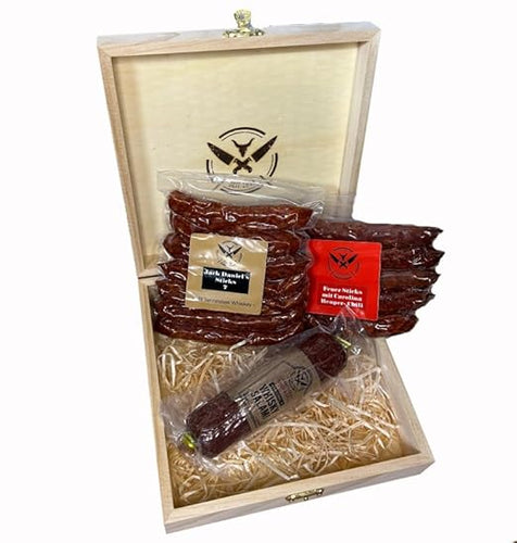 Dreierlei SALAMI STICKS in edler Geschenkbox | JACKY + FEUER + WHISKY Salami | 430 Gramm | eigene Herstellung | Männergeschenk | Pfefferbeißer | Rauchpeitschen