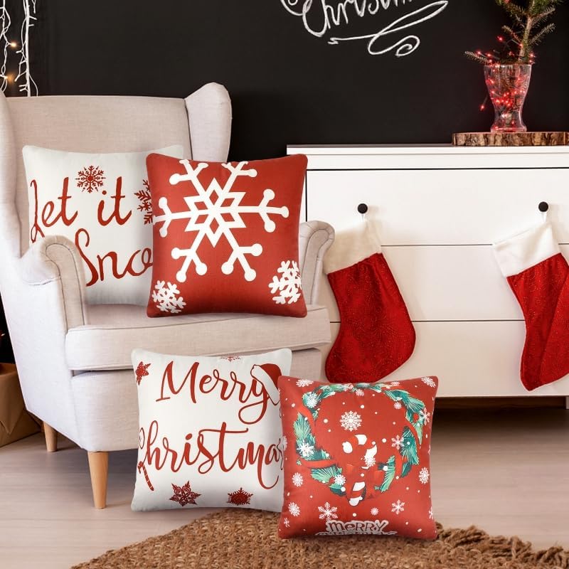 Laden Sie das Bild in Galerie -Viewer, Merry Christmas weihnachtliche Kissen-Bezüge 45x45 cm rot-weiß 4 Verschiedene Design-Motive Weihnachtsdeko
