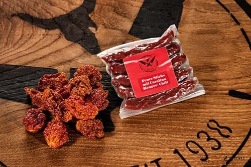 Original FEUER SALAMI STICKS in edler Geschenkbox aus Holz | 120 Gramm | eigene Herstellung | Männergeschenk | Pfefferbeißer | Rauchpeitschen