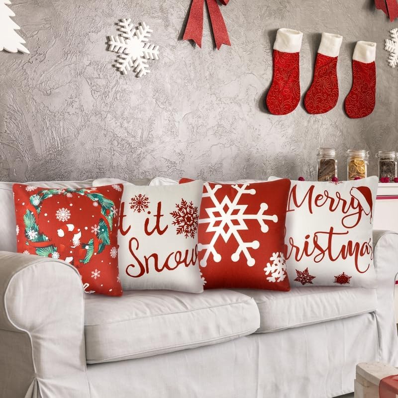 Laden Sie das Bild in Galerie -Viewer, Merry Christmas weihnachtliche Kissen-Bezüge 45x45 cm rot-weiß 4 Verschiedene Design-Motive Weihnachtsdeko
