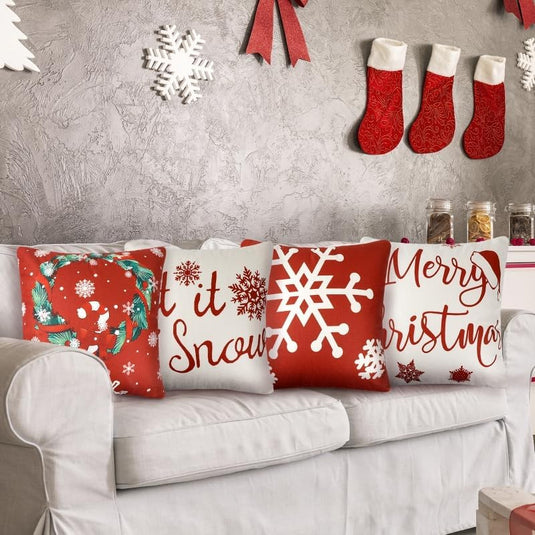 Merry Christmas weihnachtliche Kissen-Bezüge 45x45 cm rot-weiß 4 Verschiedene Design-Motive Weihnachtsdeko