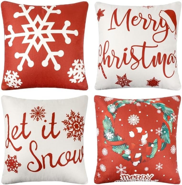 Laden Sie das Bild in Galerie -Viewer, Merry Christmas weihnachtliche Kissen-Bezüge 45x45 cm rot-weiß 4 Verschiedene Design-Motive Weihnachtsdeko
