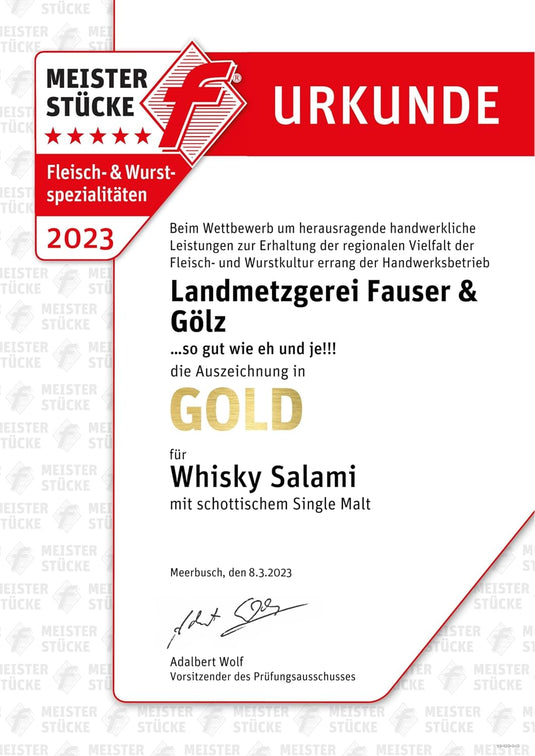 Original WHISKY SALAMI | 130 Gramm | eigene Herstellung | Männergeschenk | mit schottischem Single Malt Whisky