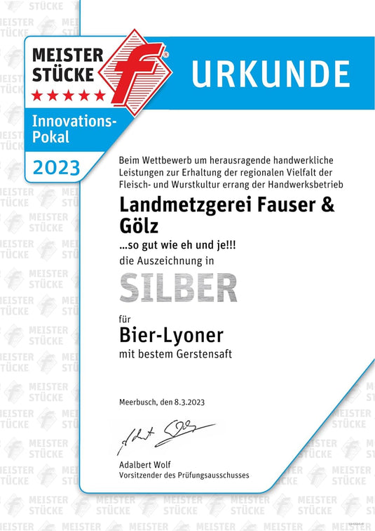 Original BIER LYONER | Dosenwurst | 190 Gramm | eigene Herstellung | Männergeschenk | Wurst mit Goldochsen Bier | Lyoner in der Dose