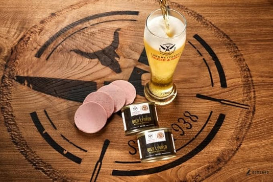 Original BIER LYONER | Dosenwurst | 190 Gramm | eigene Herstellung | Männergeschenk | Wurst mit Goldochsen Bier | Lyoner in der Dose