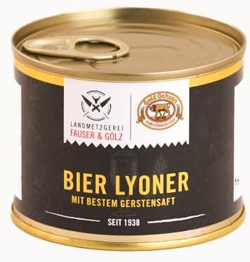 Original BIER LYONER | Dosenwurst | 190 Gramm | eigene Herstellung | Männergeschenk | Wurst mit Goldochsen Bier | Lyoner in der Dose