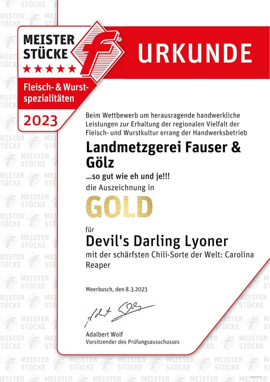 Original DEVIL'S DARLING Schärfegrad 5 | scharfe Lyoner | Dosenwurst | Wurst mit Chilli Carolina Reaper