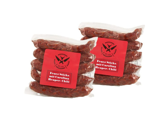Original FEUER STICKS Scharfe Räucherwurst Doppelpack | 2x 120g | eigene Herstellung | Männergeschenk | Pfefferbeißer | Rauchpeitschen | mit Carolina Reaper Chilli