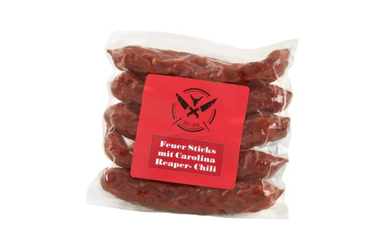 Original FEUER STICKS Scharfe Räucherwurst | 120 Gramm 5 Stück | eigene Herstellung | Männergeschenk | Pfefferbeißer | Rauchpeitschen | mit Carolina Reaper Chilli