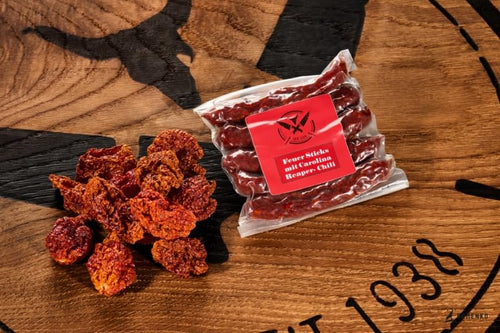Original FEUER STICKS Scharfe Räucherwurst | 120 Gramm 5 Stück | eigene Herstellung | Männergeschenk | Pfefferbeißer | Rauchpeitschen | mit Carolina Reaper Chilli