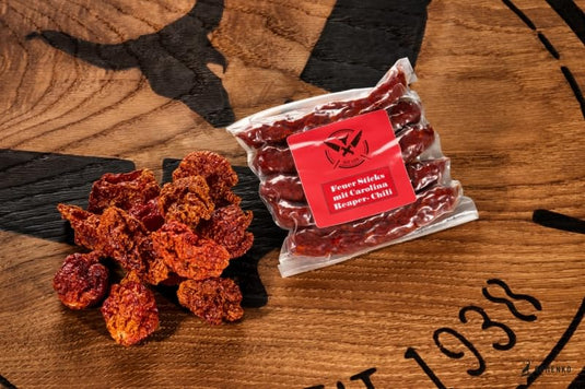 Original FEUER STICKS Scharfe Räucherwurst | 120 Gramm 5 Stück | eigene Herstellung | Männergeschenk | Pfefferbeißer | Rauchpeitschen | mit Carolina Reaper Chilli