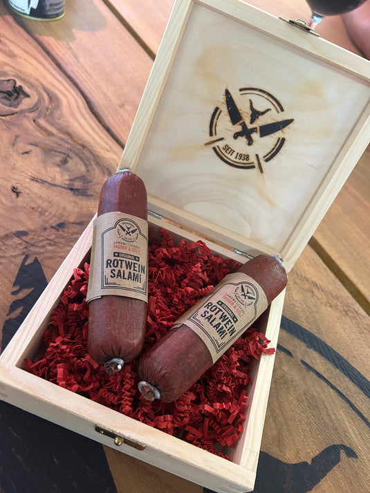 Rotweinsalami | 130 Gramm | eigene Herstellung | perfekt als Geschenk geeignet  | Mit Geschenkbox
